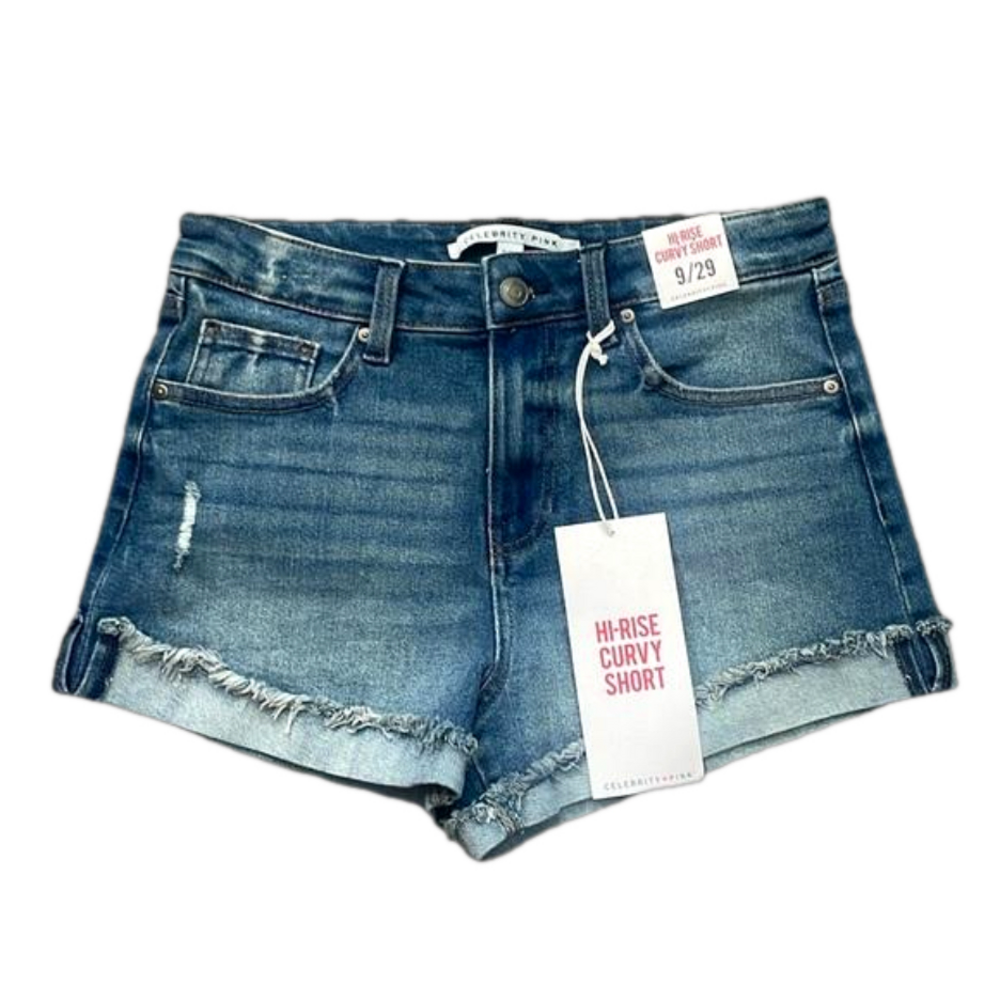 Celebrity Pink High Rise Fray Flip Cuff Shorts Juniors’ Med Wash Size 9/29